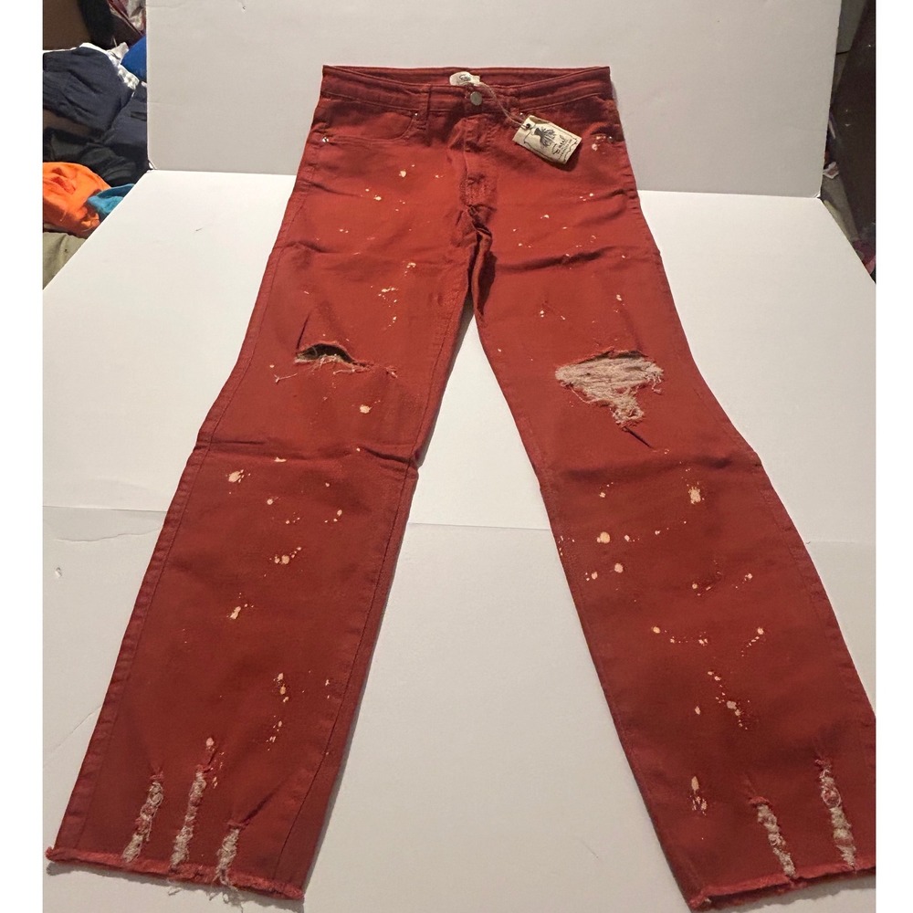Easel Los Angeles Rust Red Distressed Paint Splatter Straight Leg Jeans Size M